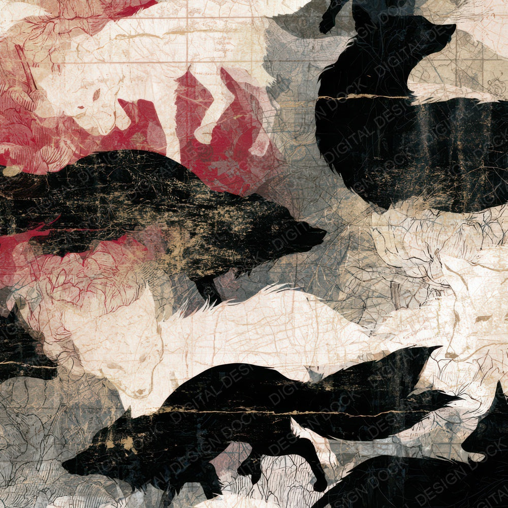 Antique Botanical Kitsune Oxblood Digital Paper Pack (DDD012605)