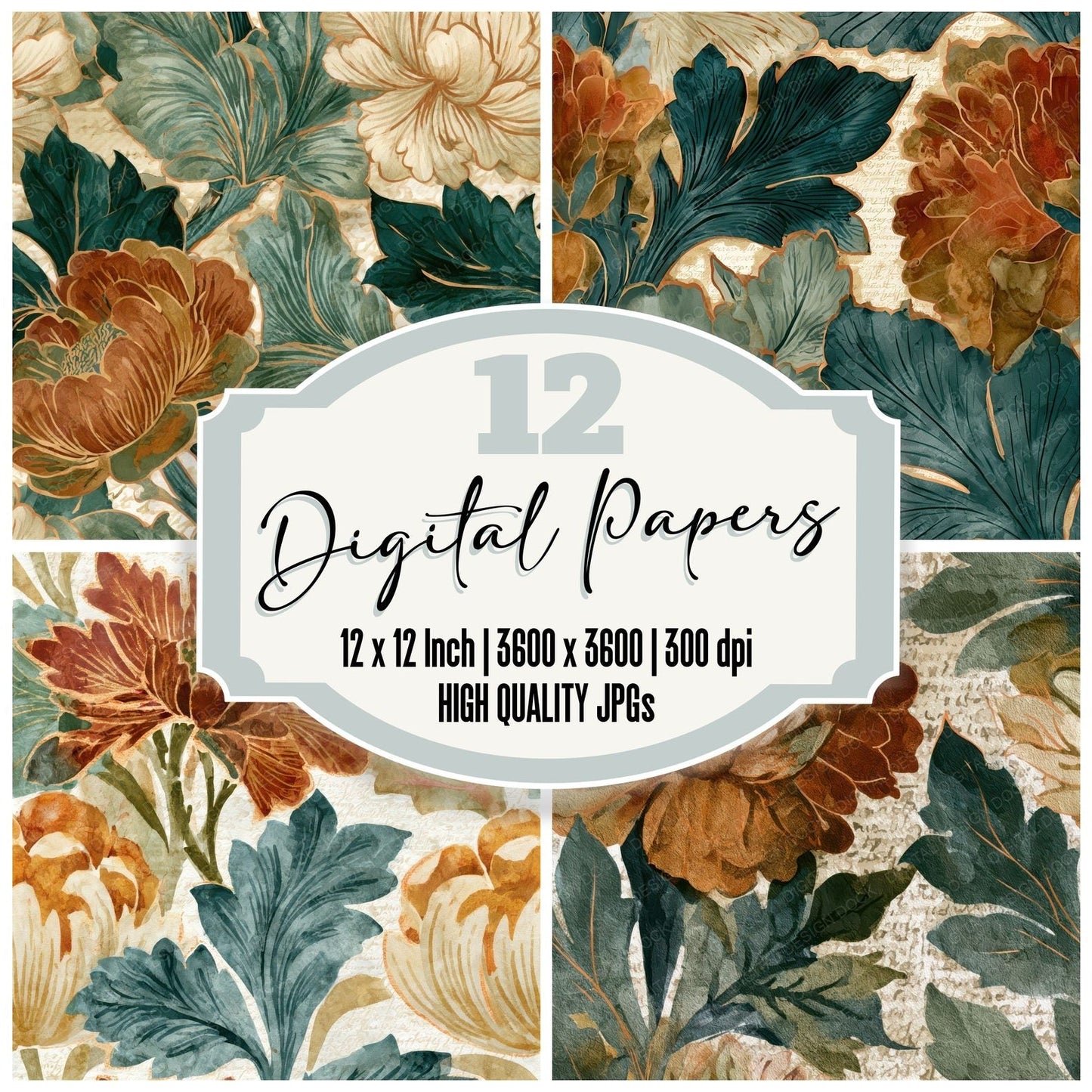 Ink Wash Morris Florals Tobacco Sage Seamless Digital Paper Pack (DDD012607)