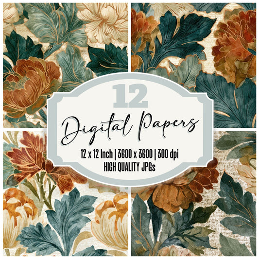 Ink Wash Morris Florals Tobacco Sage Seamless Digital Paper Pack (DDD012607)