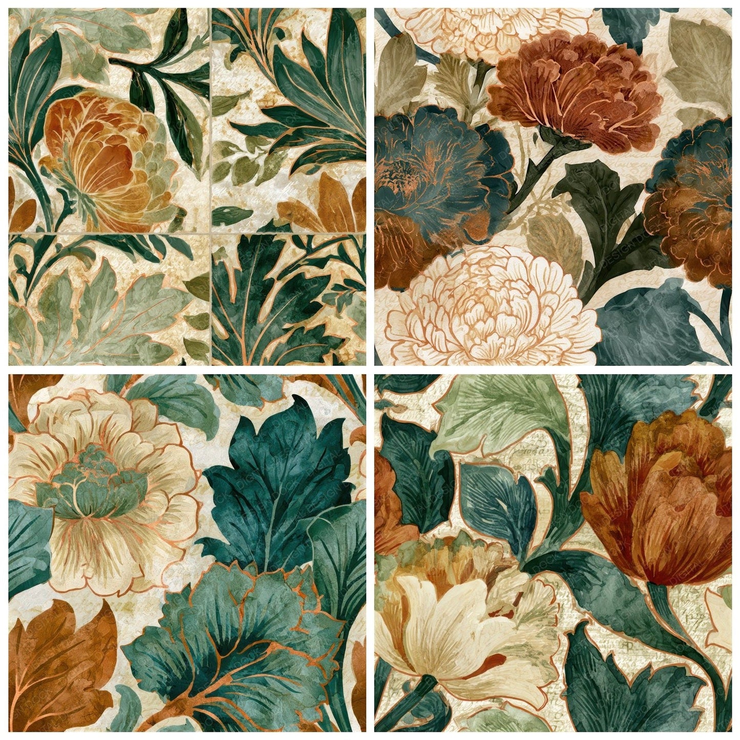 Ink Wash Morris Florals Tobacco Sage Seamless Digital Paper Pack (DDD012607)