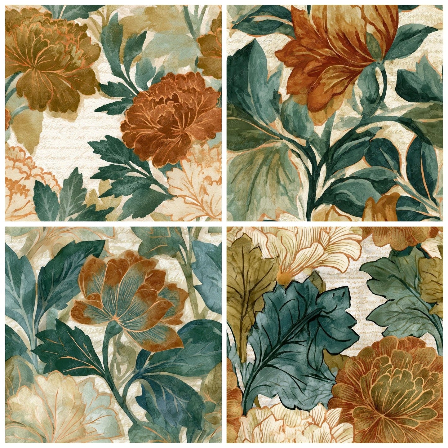 Ink Wash Morris Florals Tobacco Sage Seamless Digital Paper Pack (DDD012607)