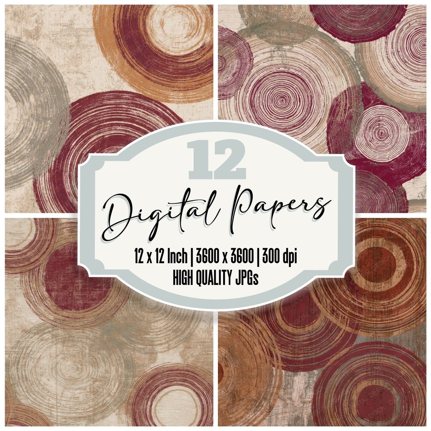 Mezzotint Concentric Rings Cinnamon Burgundy Digital Paper Pack (DDD012608)