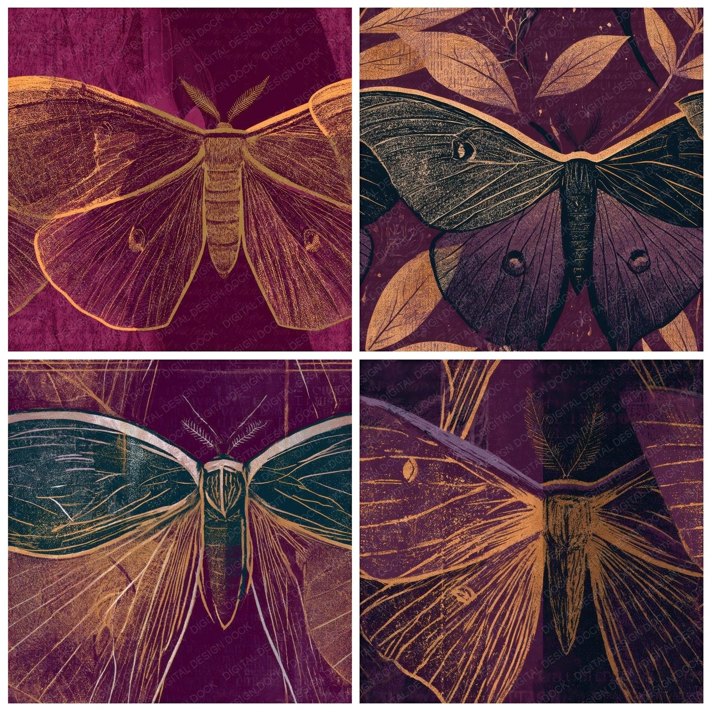 Screenprint Luna Moth Aubergine Seamless Digital Paper Pack (DDD012610)