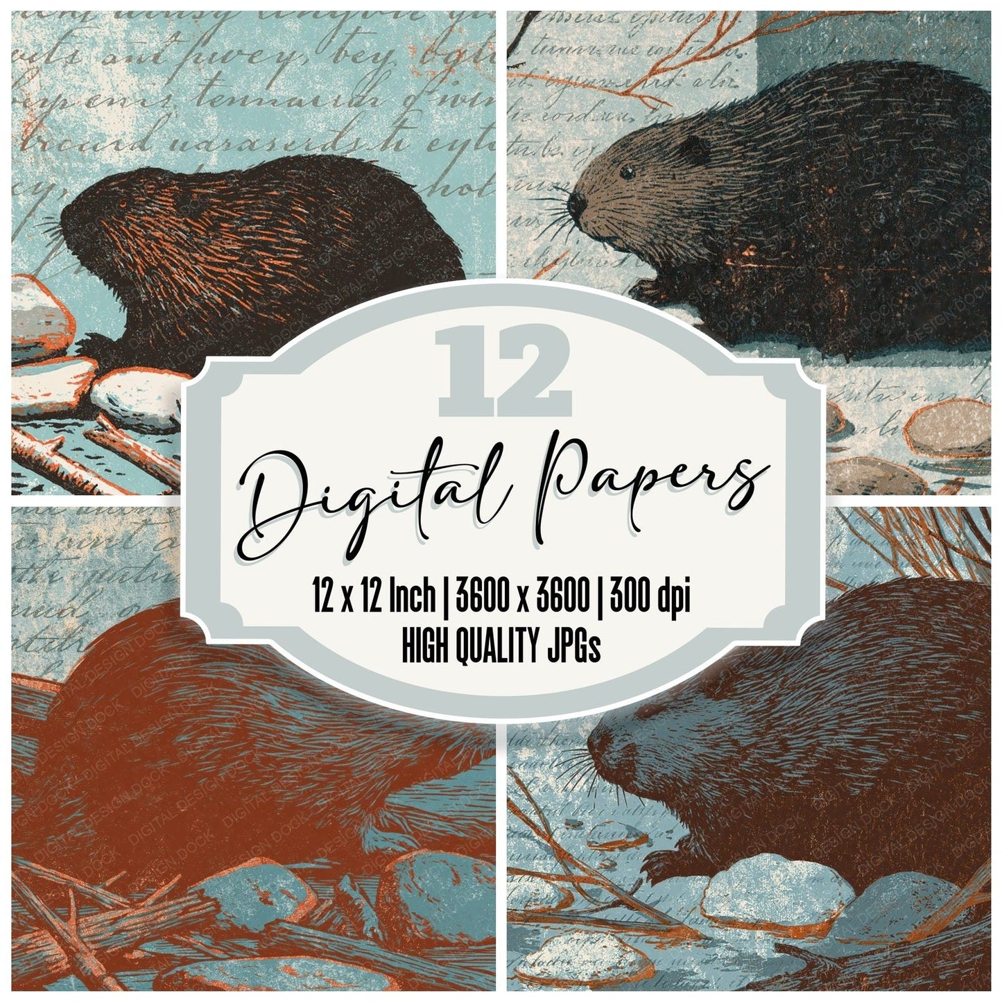 Woodblock Beaver Stone Walnut Digital Paper Pack (DDD012612)