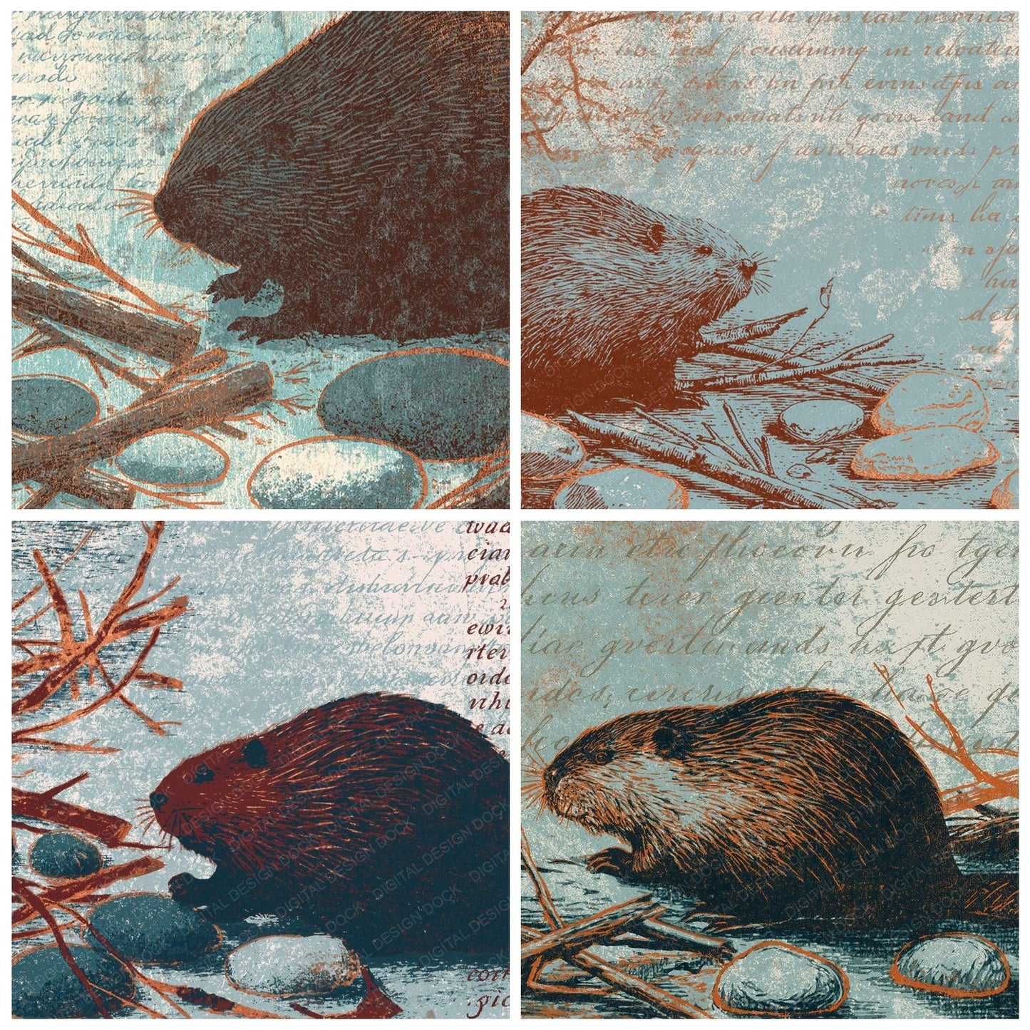 Woodblock Beaver Stone Walnut Digital Paper Pack (DDD012612)
