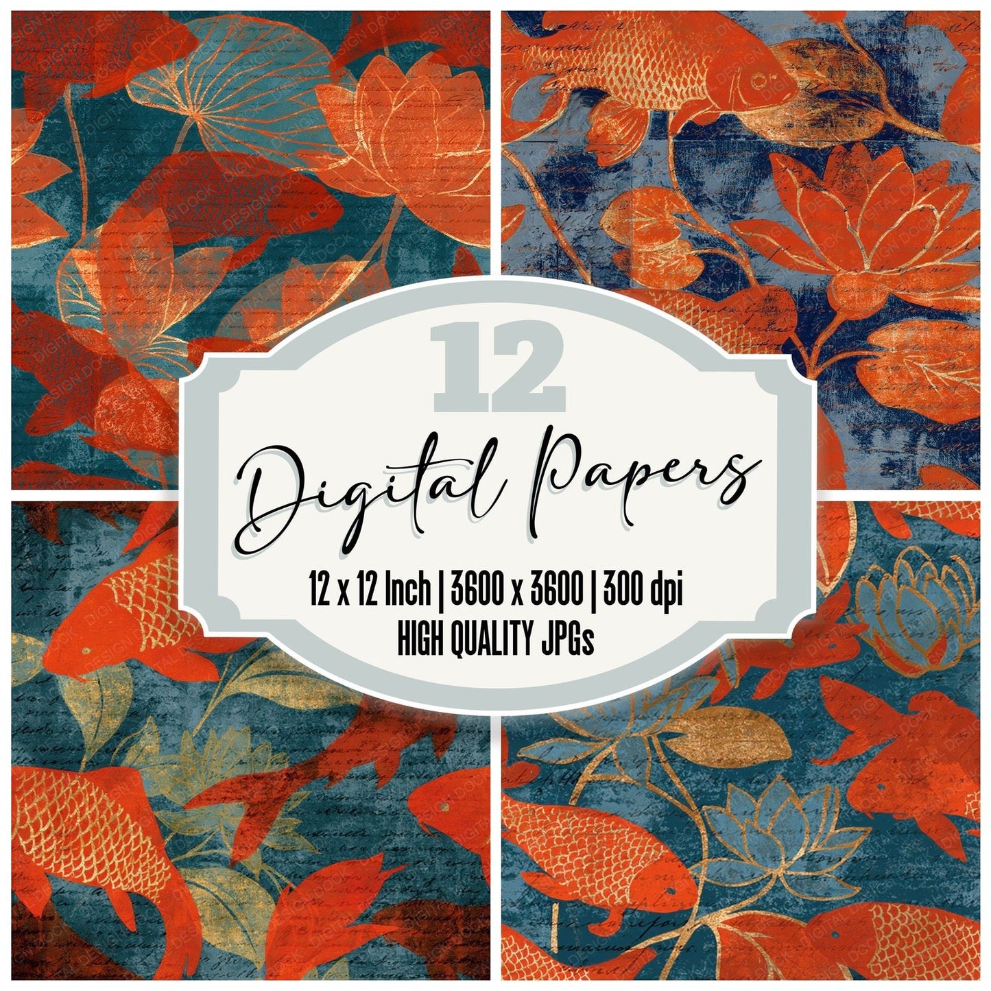 Woodblock Carp Lily Persimmon Seamless Digital Paper Pack (DDD012613)