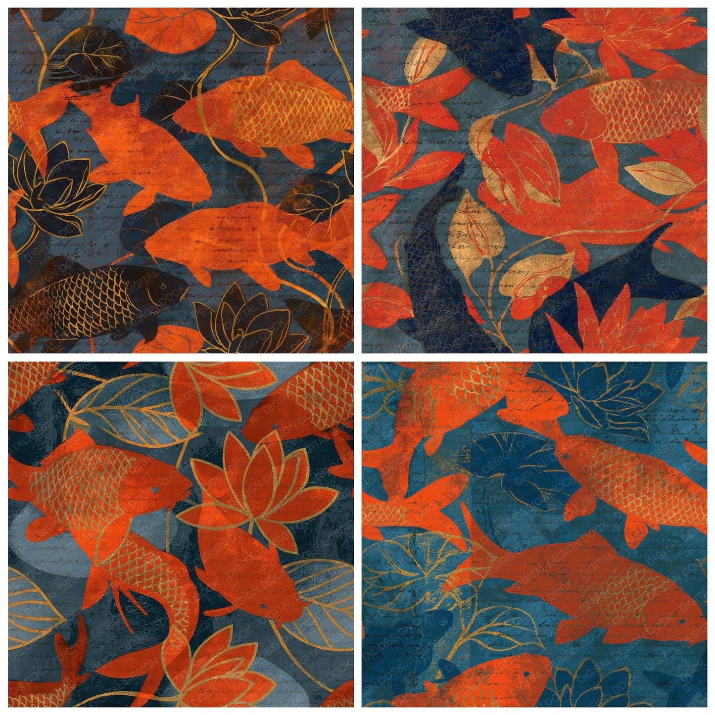 Woodblock Carp Lily Persimmon Seamless Digital Paper Pack (DDD012613)