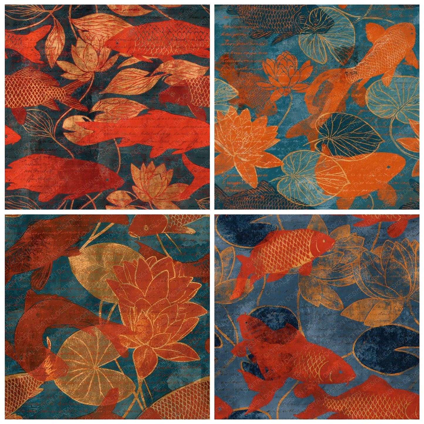 Woodblock Carp Lily Persimmon Seamless Digital Paper Pack (DDD012613)
