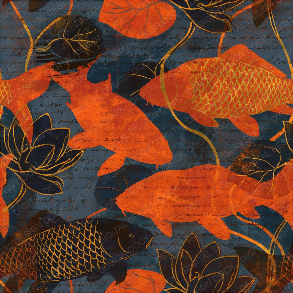 Woodblock Carp Lily Persimmon Seamless Digital Paper Pack (DDD012613)
