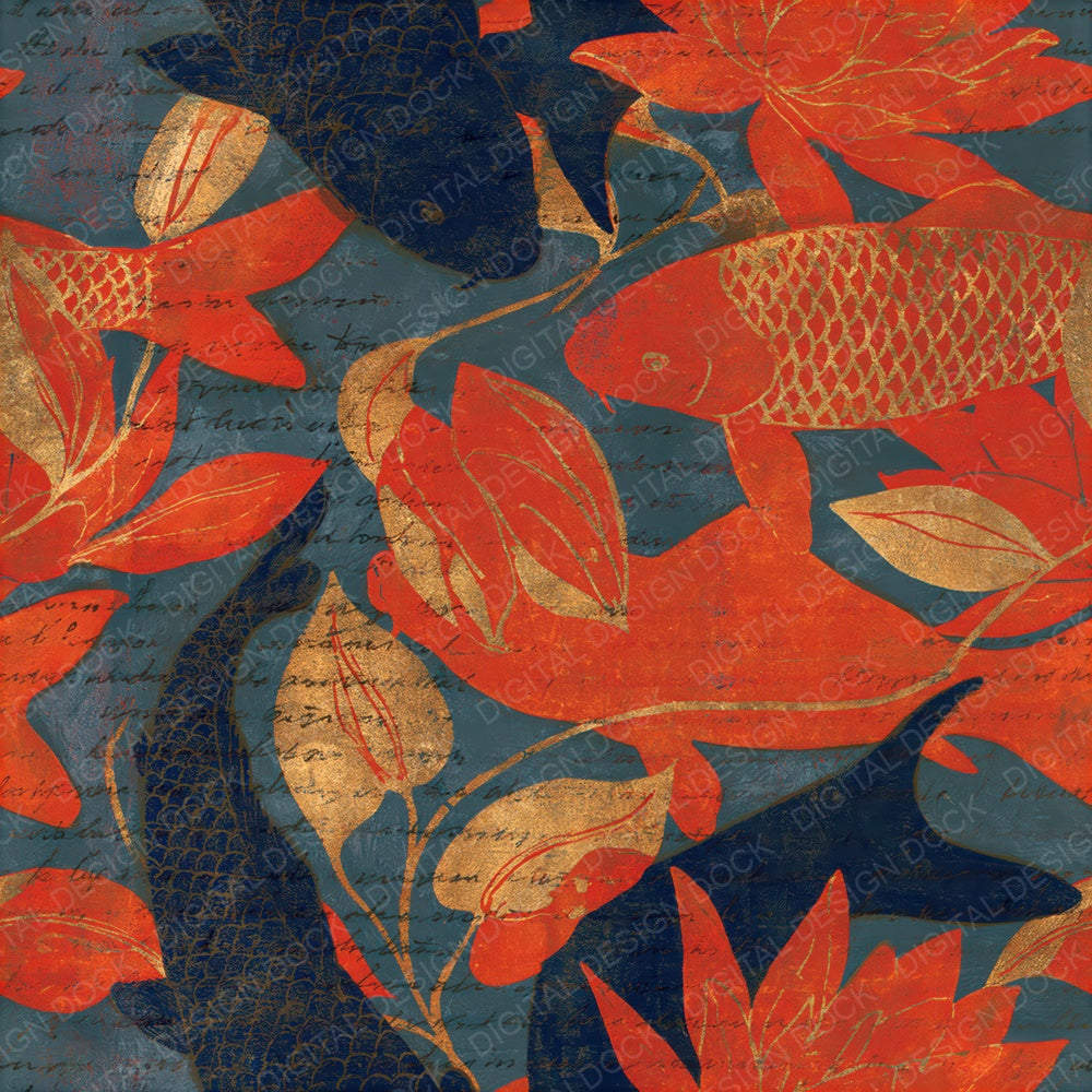 Woodblock Carp Lily Persimmon Seamless Digital Paper Pack (DDD012613)