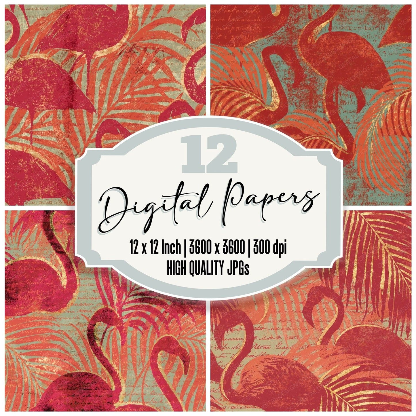Woodblock Flamingo Palm Coral Seamless Digital Paper Pack (DDD012615)