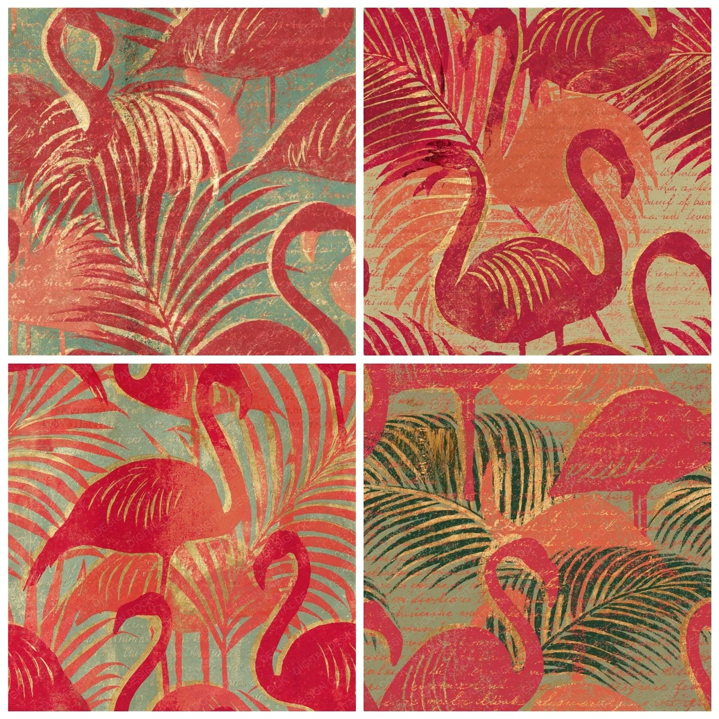 Woodblock Flamingo Palm Coral Seamless Digital Paper Pack (DDD012615)