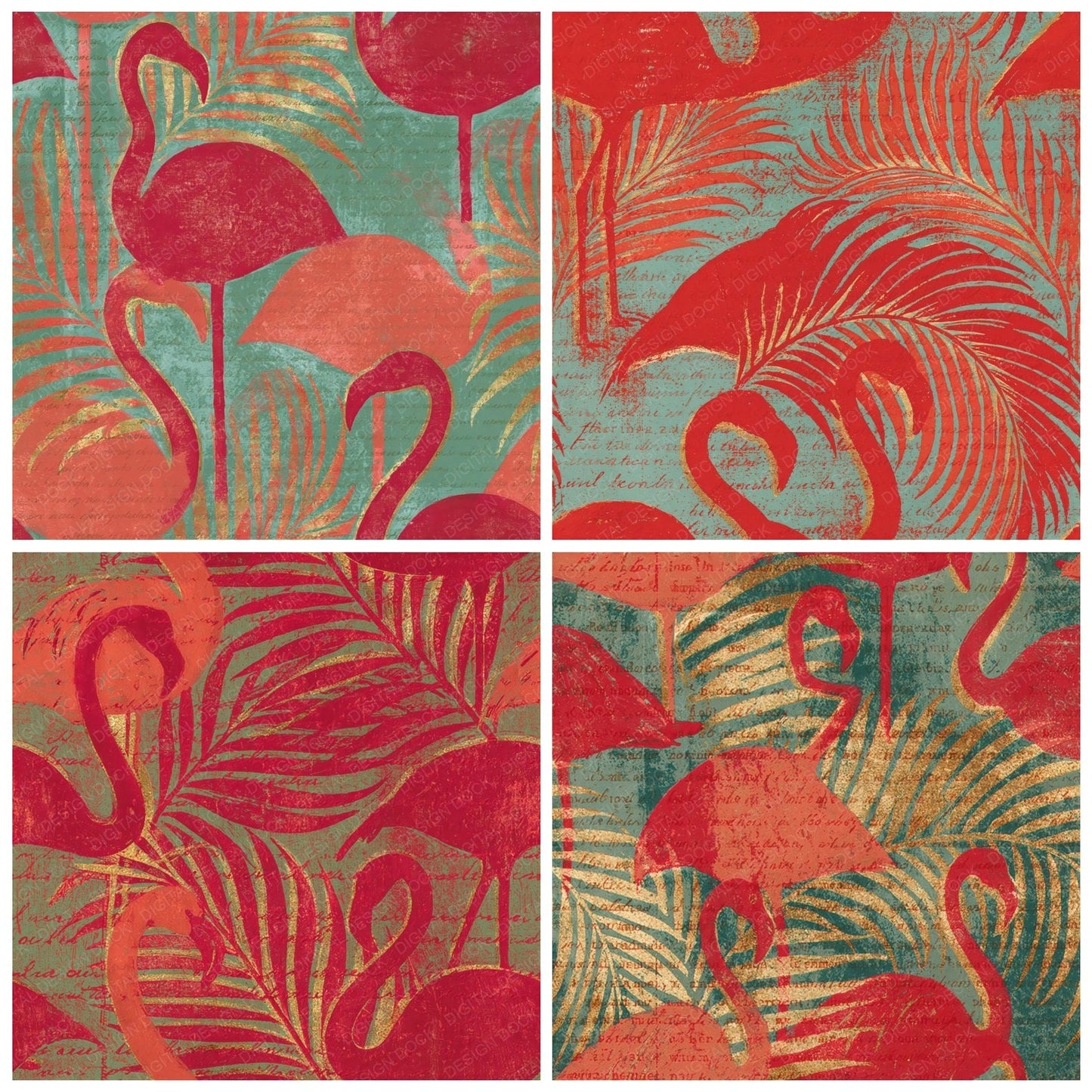 Woodblock Flamingo Palm Coral Seamless Digital Paper Pack (DDD012615)