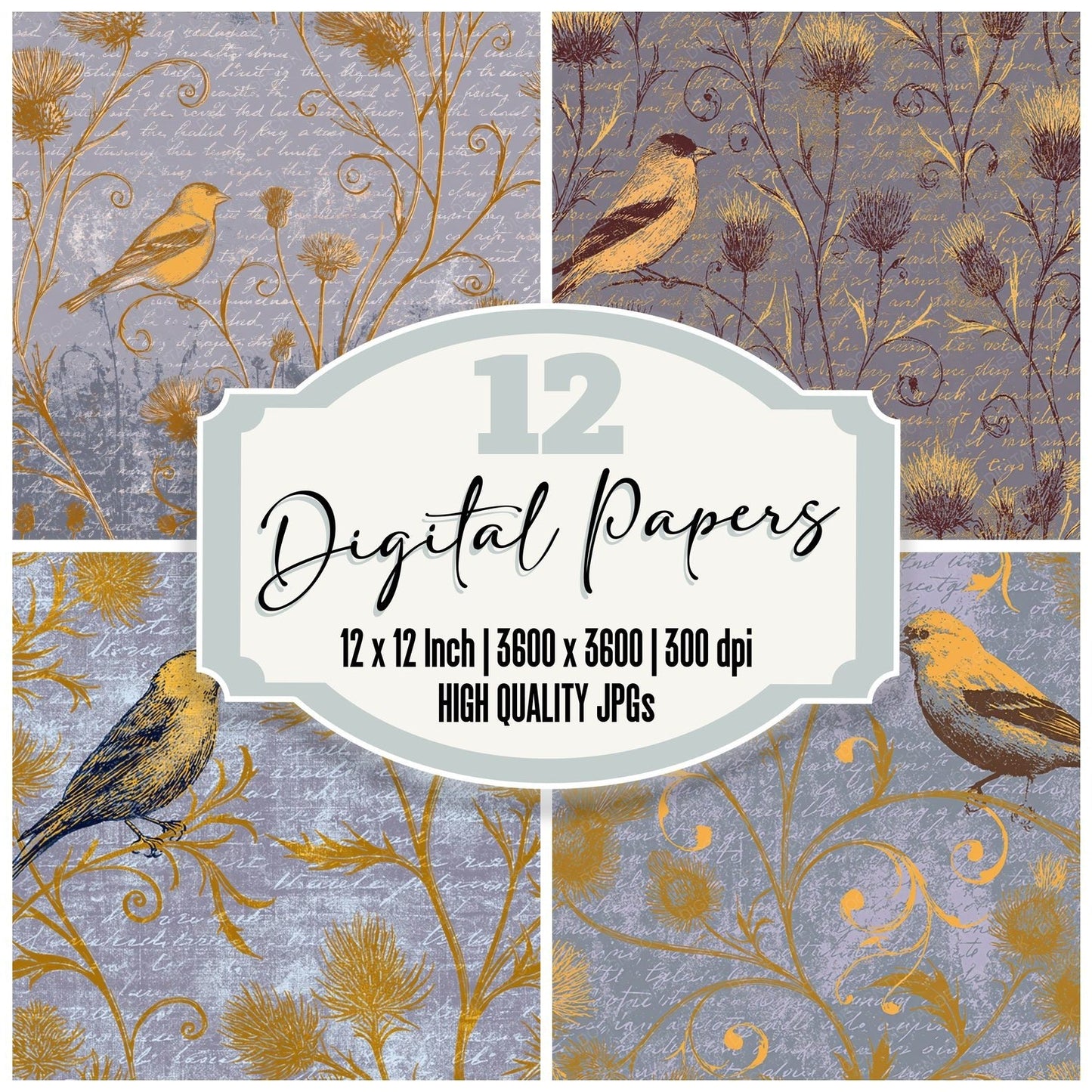 Woodblock Goldfinch Thistle Honey Digital Paper Pack (DDD012616)