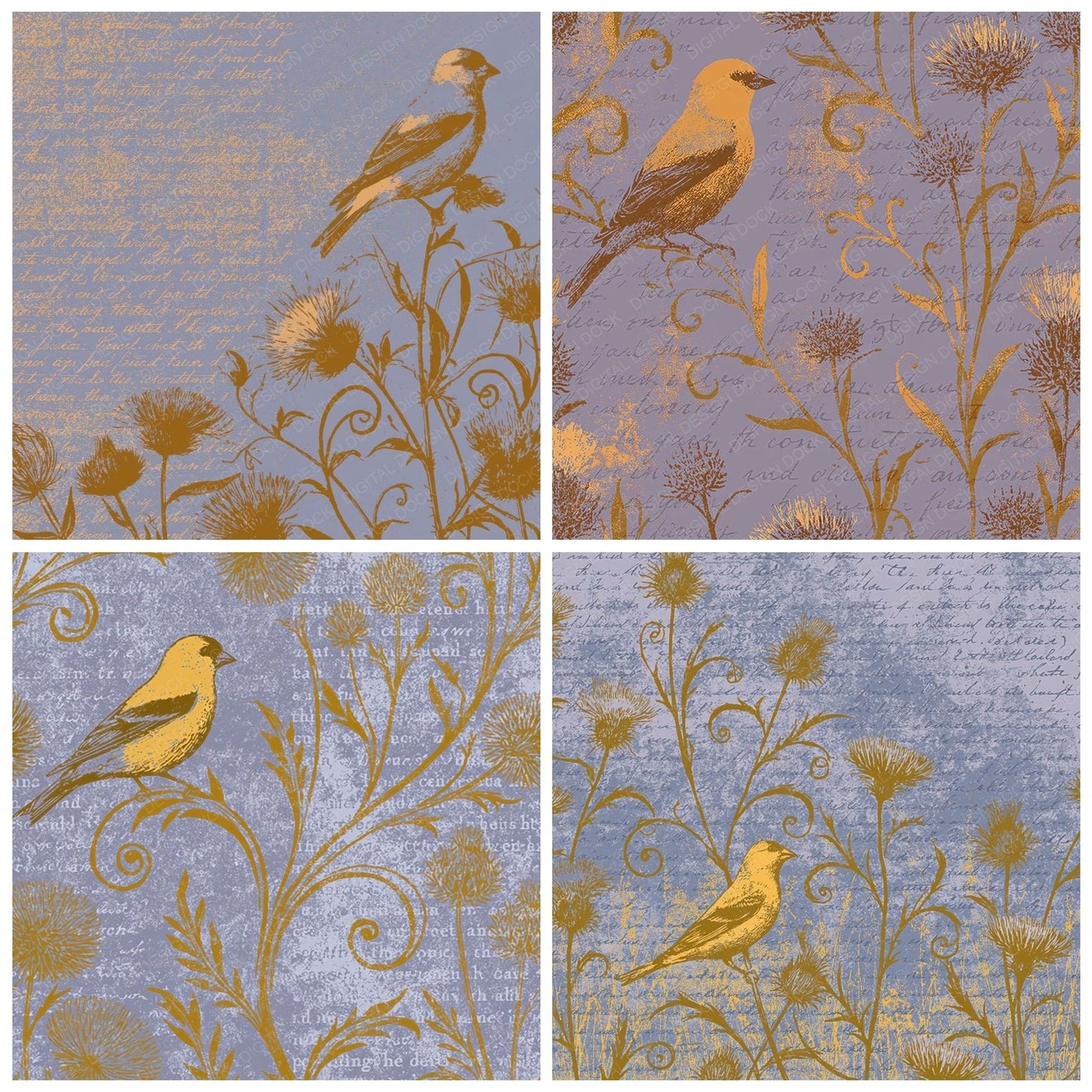 Woodblock Goldfinch Thistle Honey Digital Paper Pack (DDD012616)