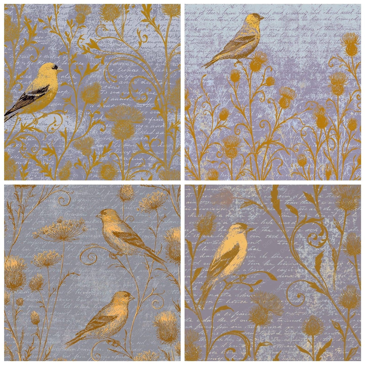 Woodblock Goldfinch Thistle Honey Digital Paper Pack (DDD012616)