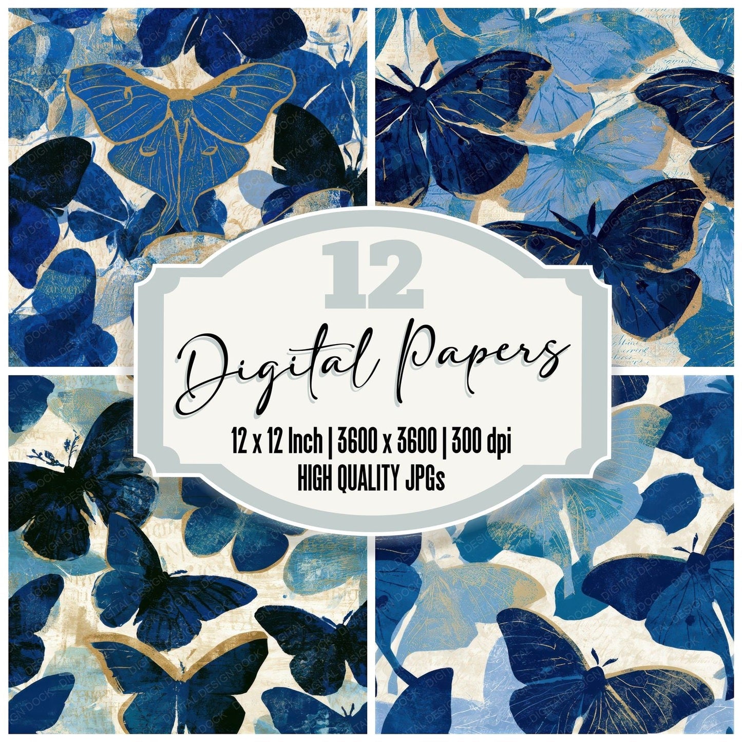 Woodblock Luna Moths Sapphire Seamless Digital Paper Pack (DDD012617)