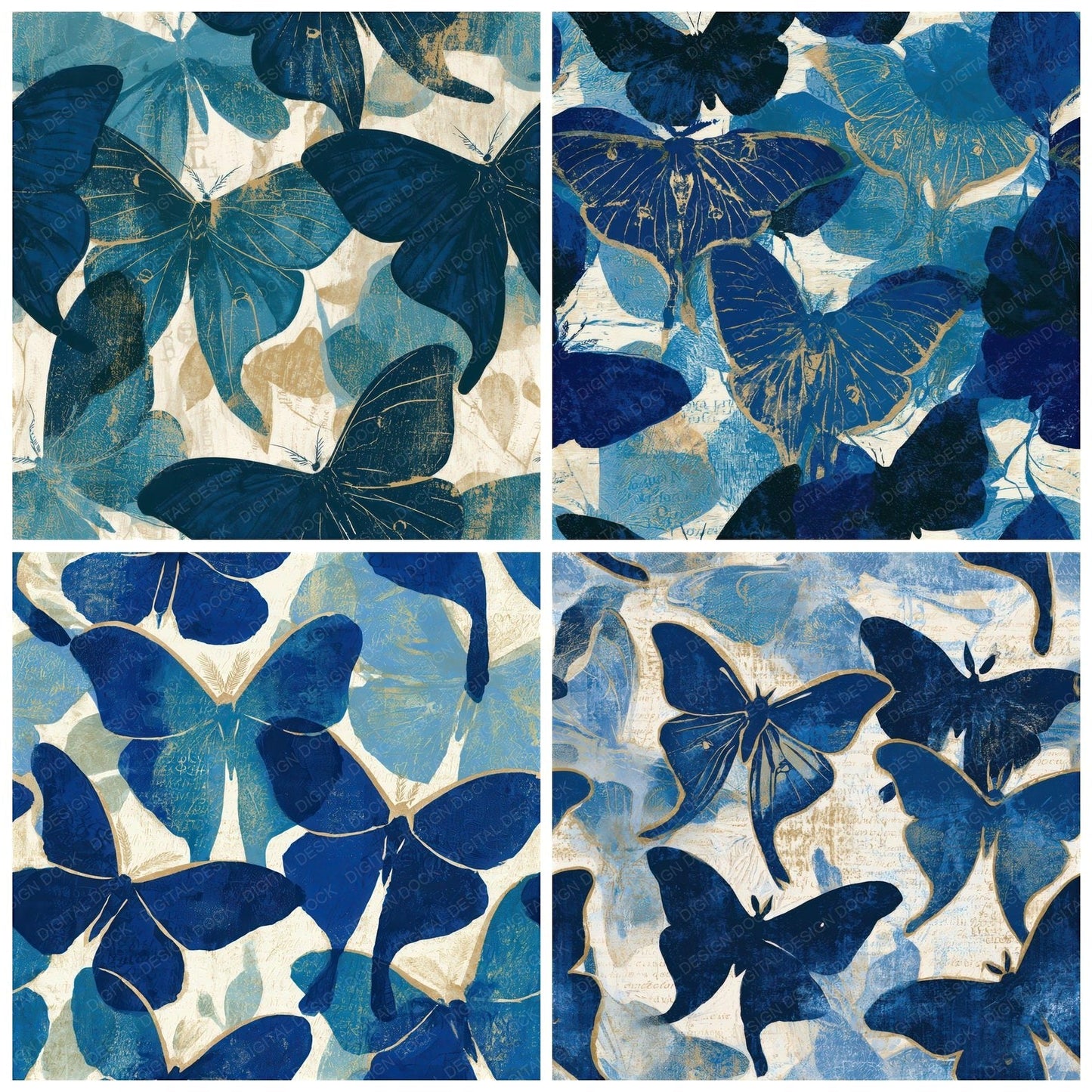 Woodblock Luna Moths Sapphire Seamless Digital Paper Pack (DDD012617)