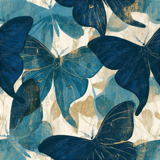 Woodblock Luna Moths Sapphire Seamless Digital Paper Pack (DDD012617)