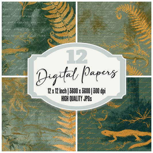 Woodblock Newt Fern Mustard Digital Paper Pack (DDD012618)