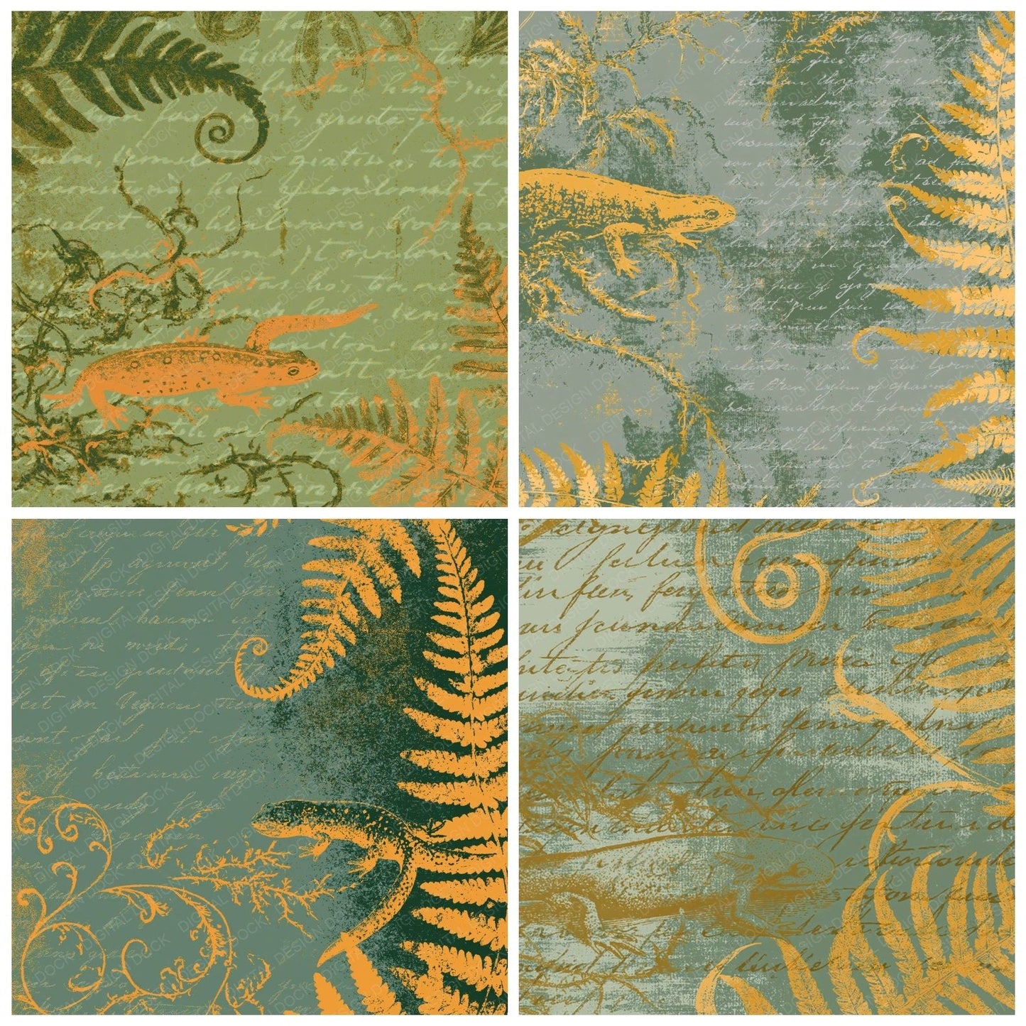 Woodblock Newt Fern Mustard Digital Paper Pack (DDD012618)