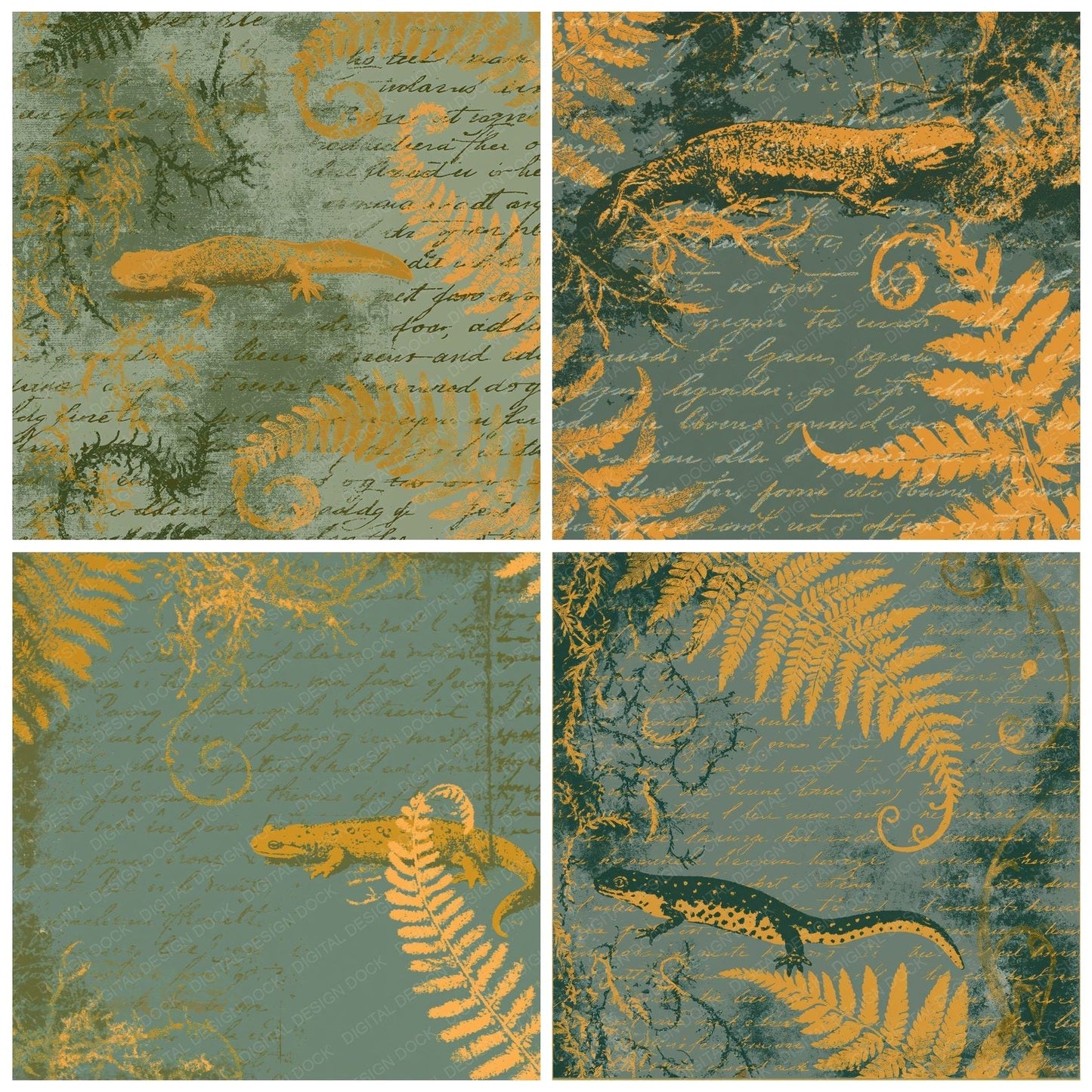 Woodblock Newt Fern Mustard Digital Paper Pack (DDD012618)
