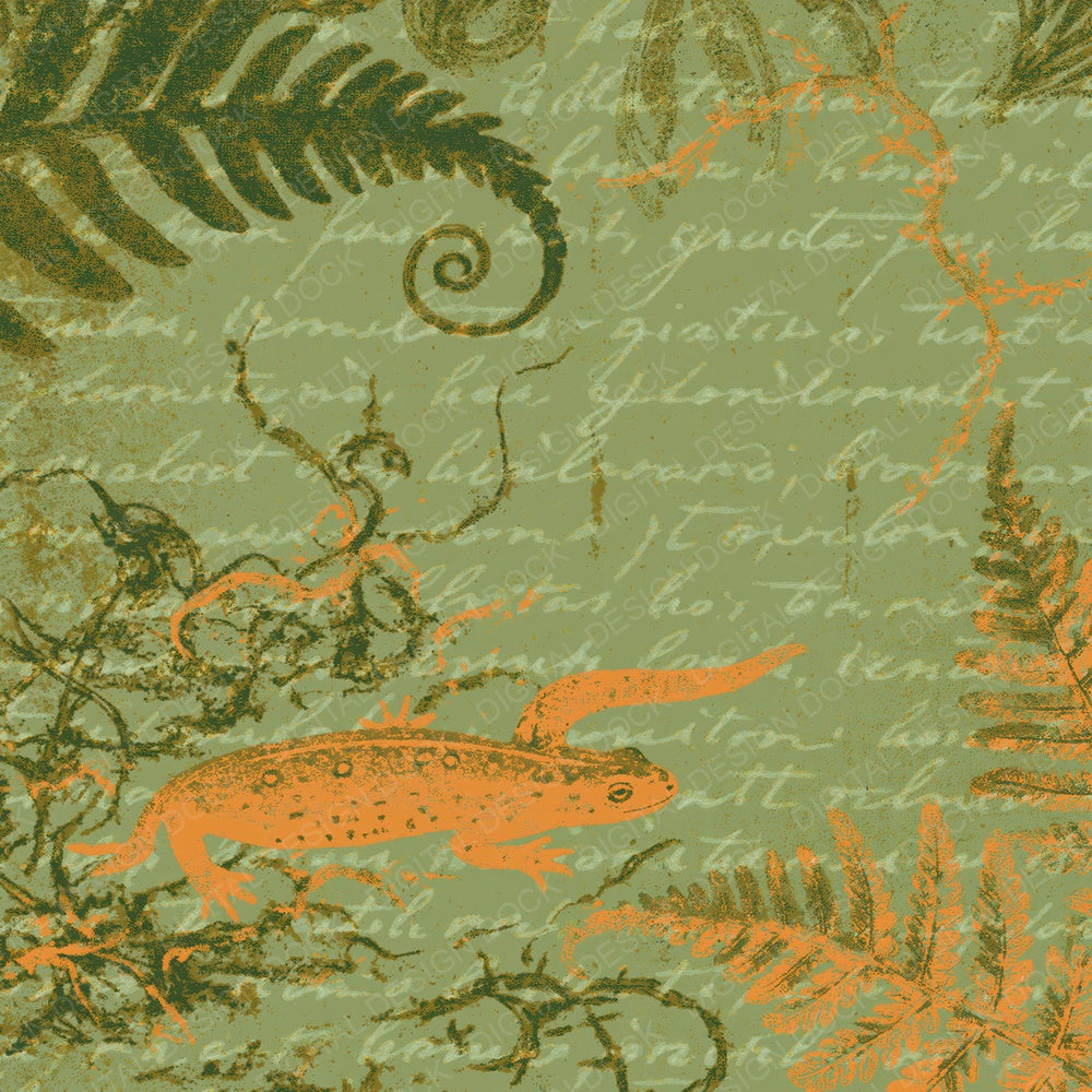 Woodblock Newt Fern Mustard Digital Paper Pack (DDD012618)