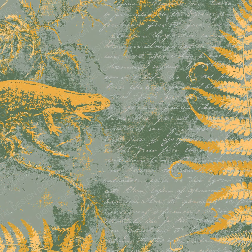 Woodblock Newt Fern Mustard Digital Paper Pack (DDD012618)