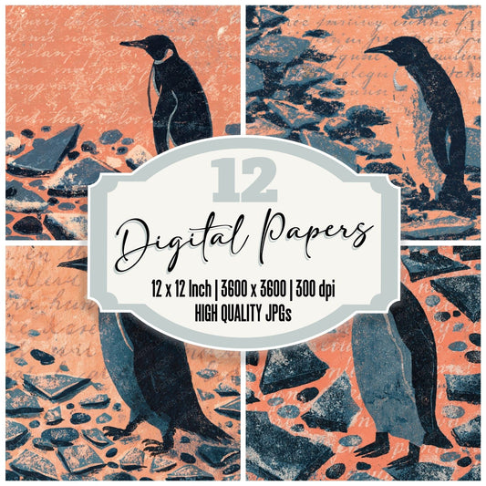 Woodblock Penguin Ice Peach Digital Paper Pack (DDD012619)