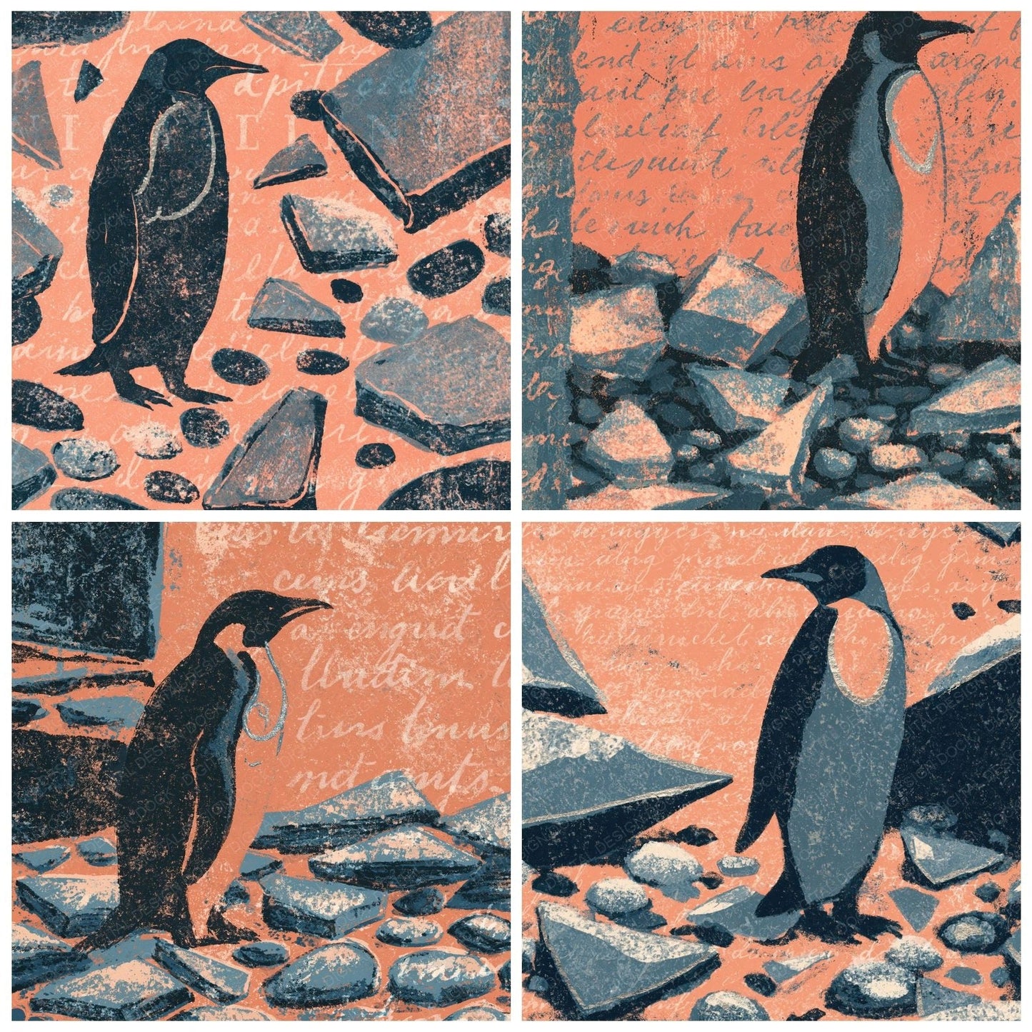 Woodblock Penguin Ice Peach Digital Paper Pack (DDD012619)