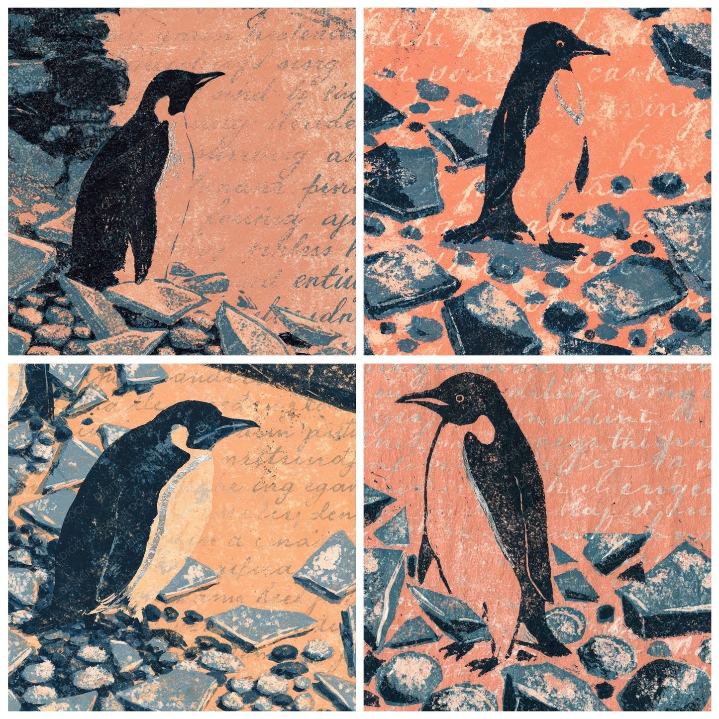 Woodblock Penguin Ice Peach Digital Paper Pack (DDD012619)