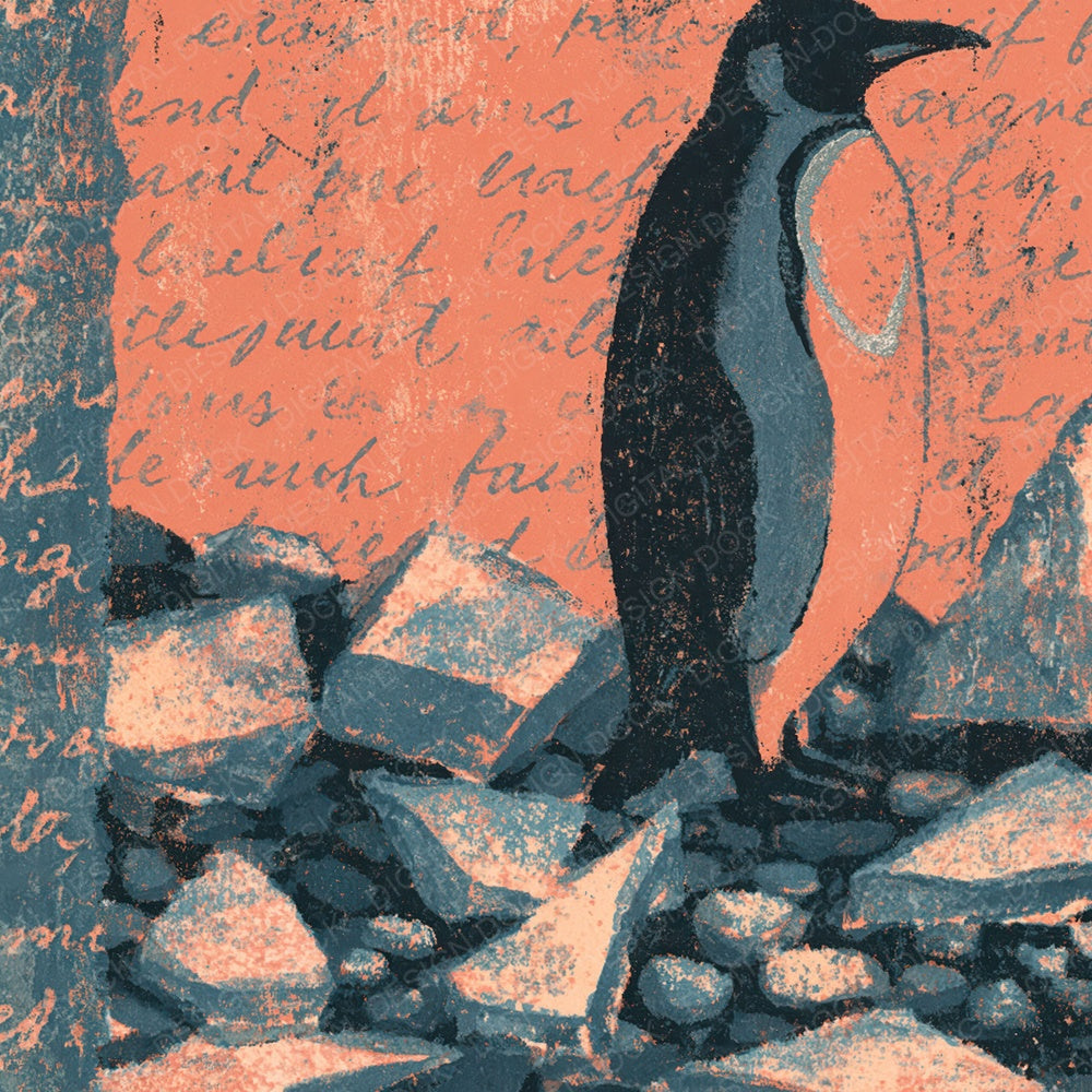 Woodblock Penguin Ice Peach Digital Paper Pack (DDD012619)