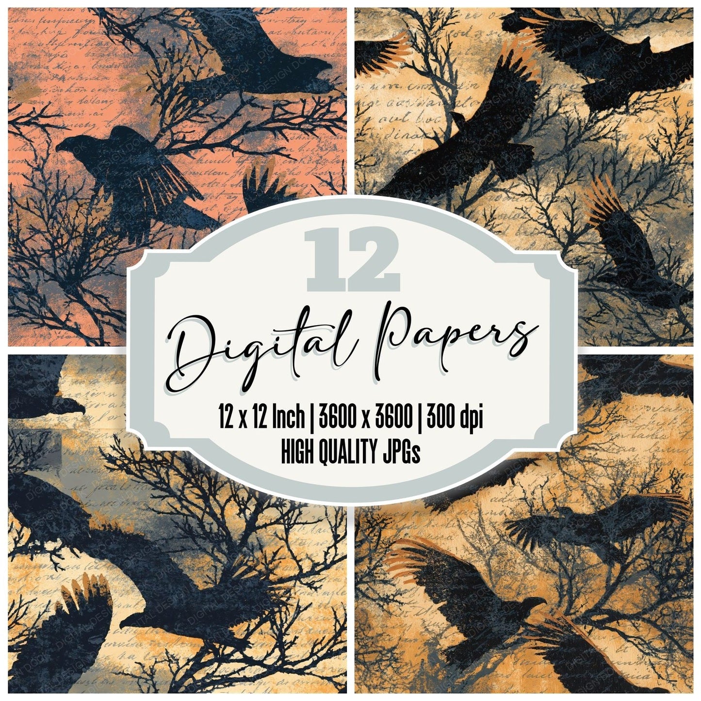 Woodblock Vulture Thorn Apricot Seamless Digital Paper Pack (DDD012620)