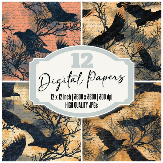 Woodblock Vulture Thorn Apricot Seamless Digital Paper Pack (DDD012620)