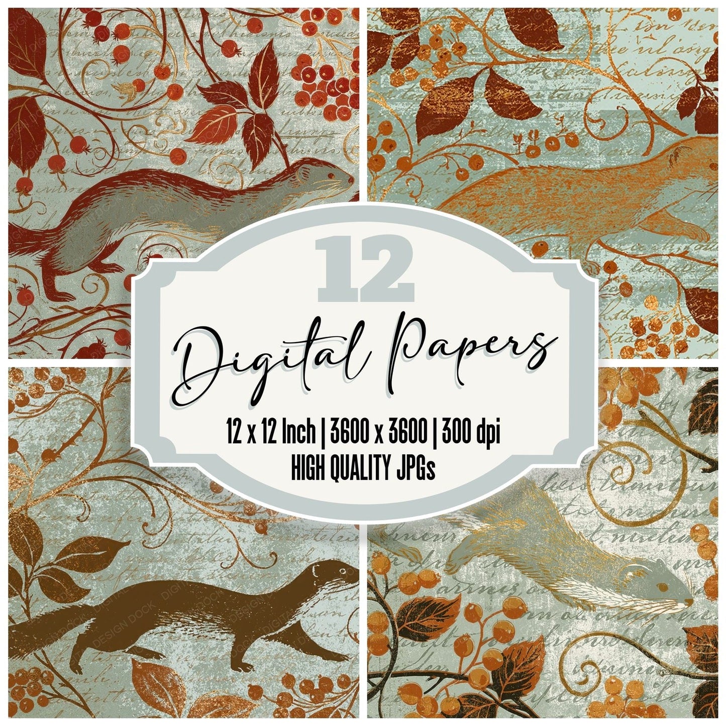 Woodblock Weasel Bramble Hazel Digital Paper Pack (DDD012621)