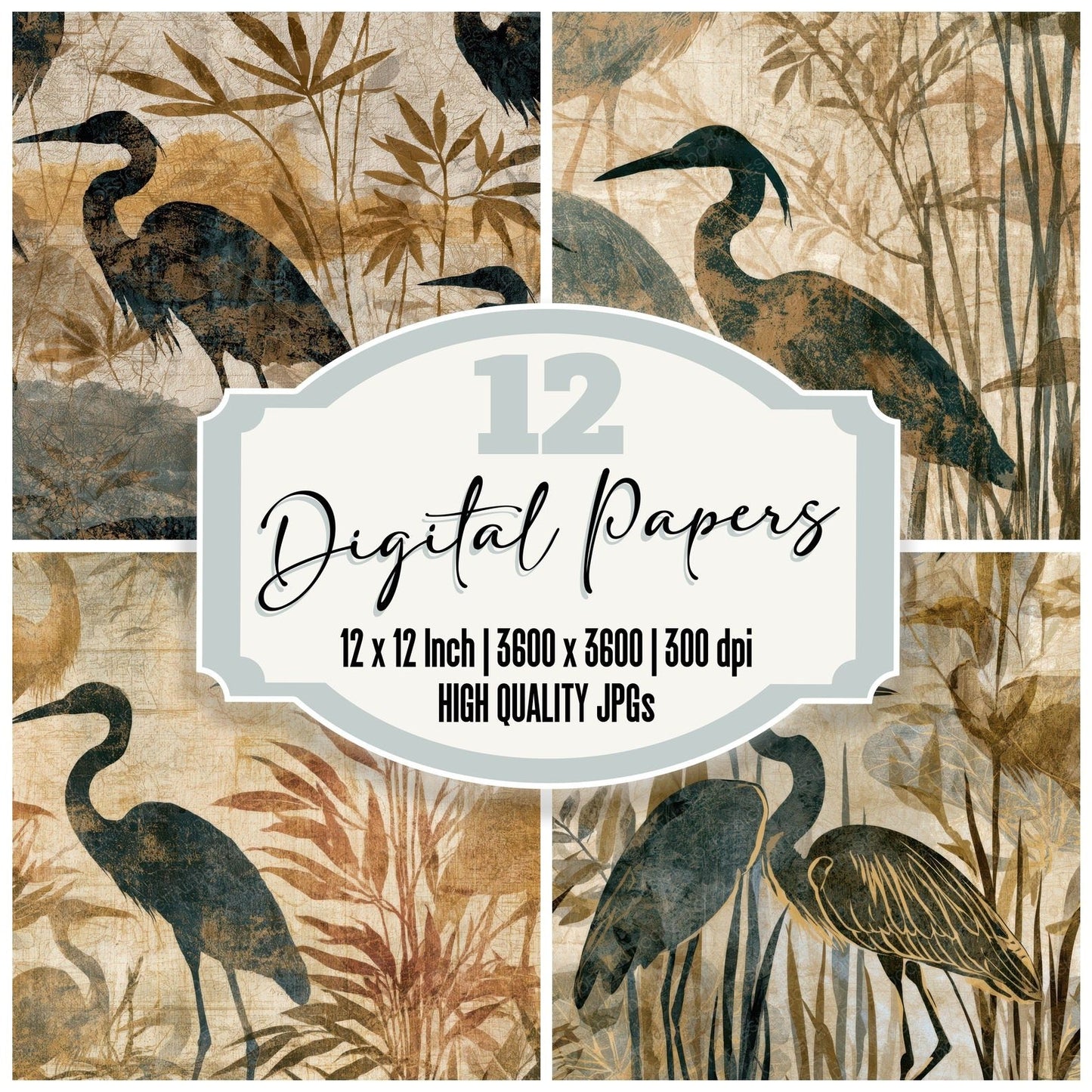 Antique Botanical Heron Sepia Digital Paper Pack (DDD012625)