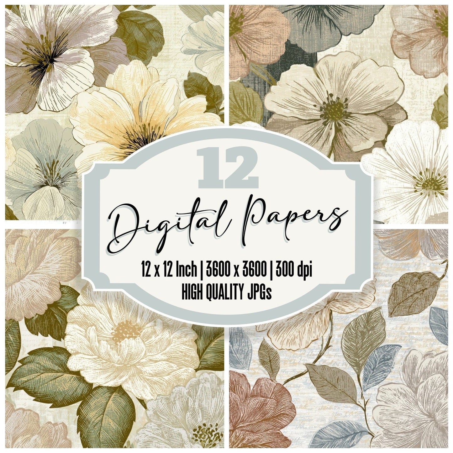 Engraving Block Print Florals Bone Digital Paper Pack (DDD012631)