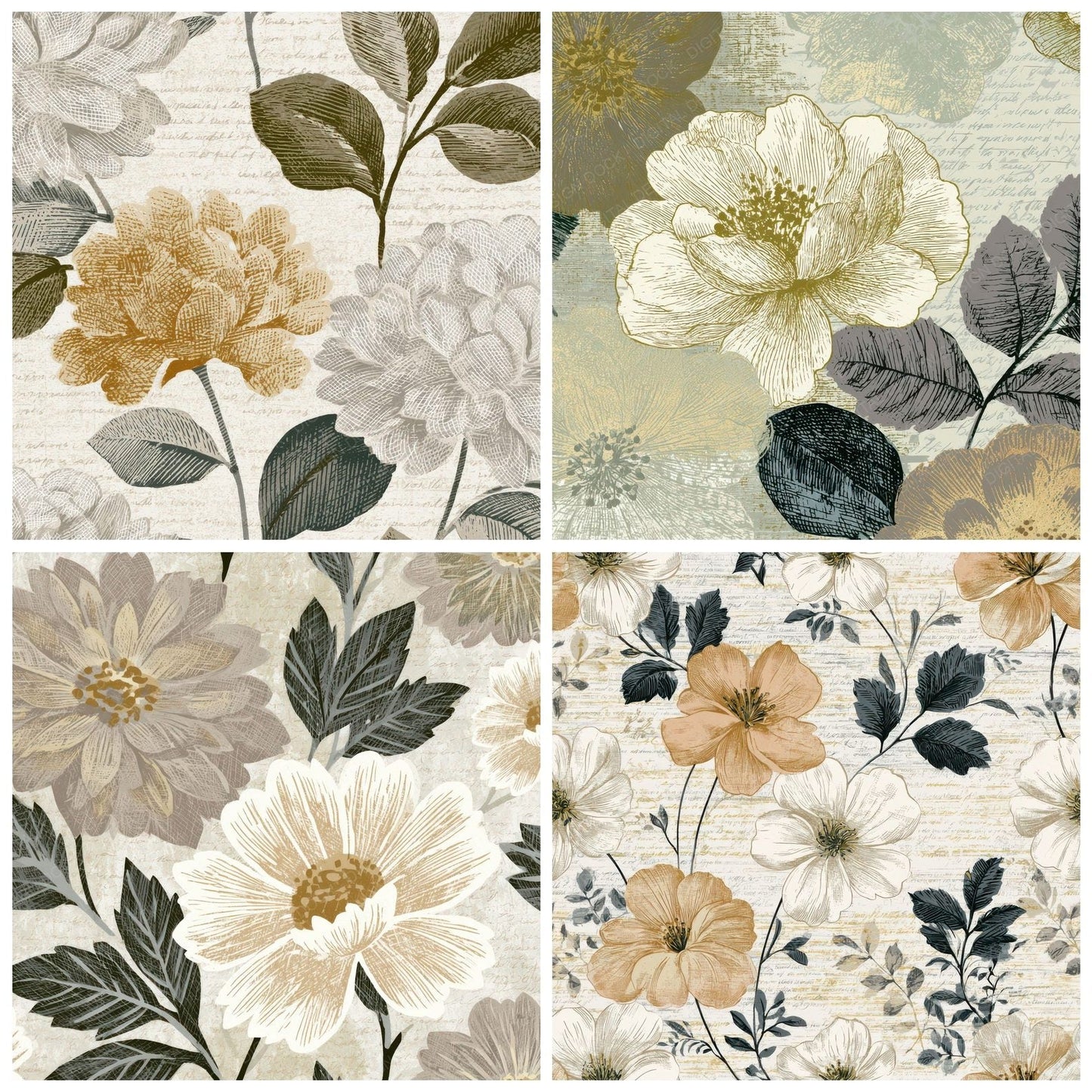Engraving Block Print Florals Bone Digital Paper Pack (DDD012631)