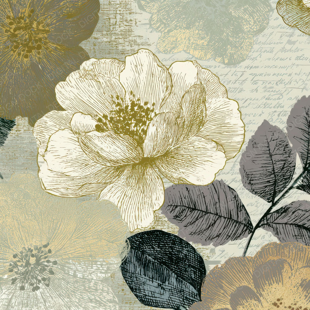 Engraving Block Print Florals Bone Digital Paper Pack (DDD012631)