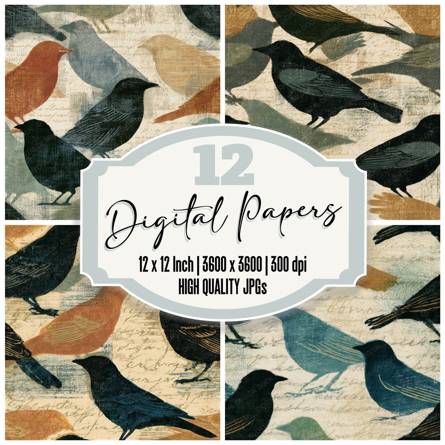 Etching Blackbirds Adobe Sage Seamless Digital Paper Pack (DDD012634)