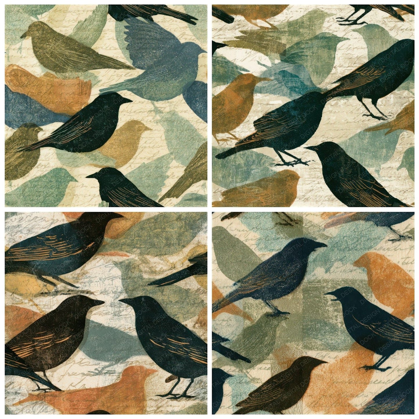 Etching Blackbirds Adobe Sage Seamless Digital Paper Pack (DDD012634)