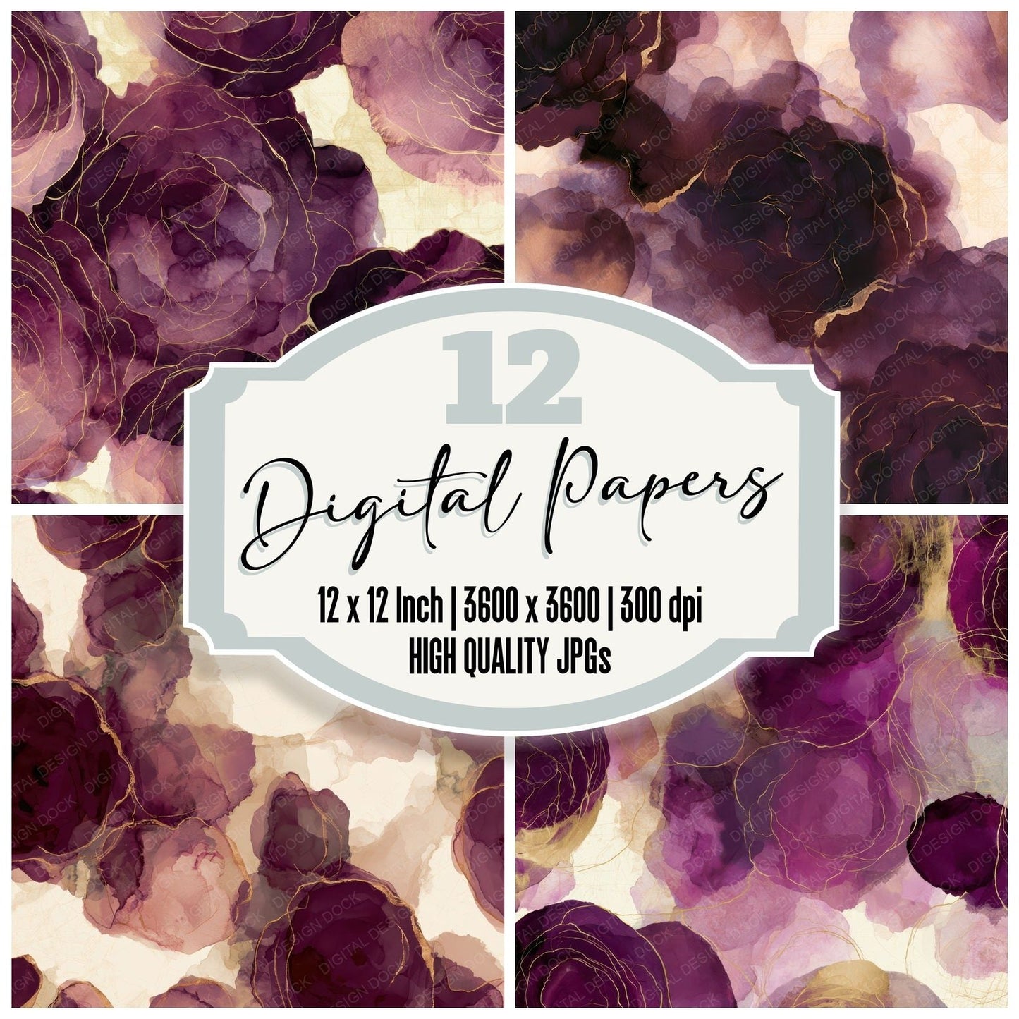 Ink Wash Ranunculus Plum Cream Digital Paper Pack (DDD012636)