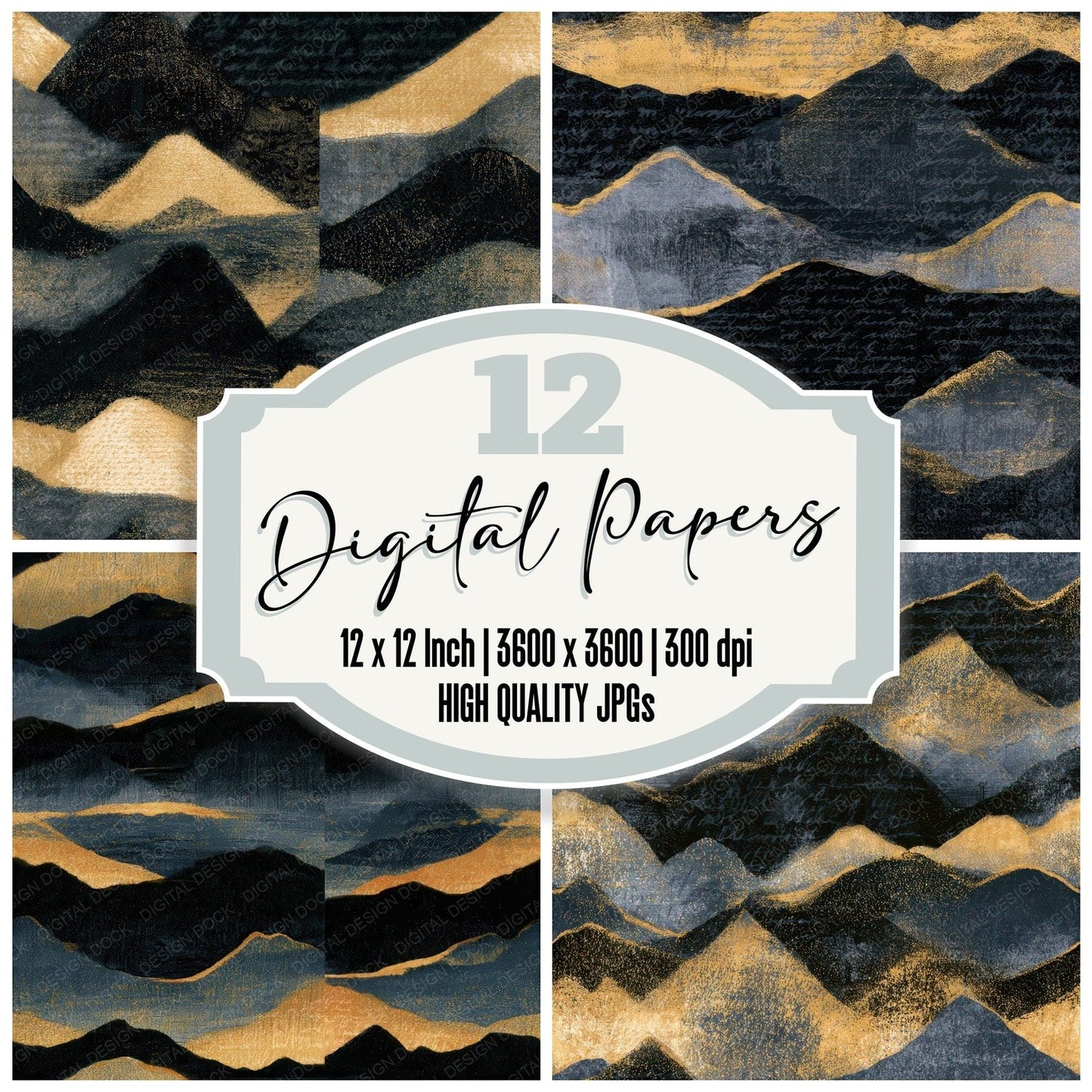 Risograph Mountain Silhouettes Charcoal Gold Seamless Digital Paper Pack (DDD012641)