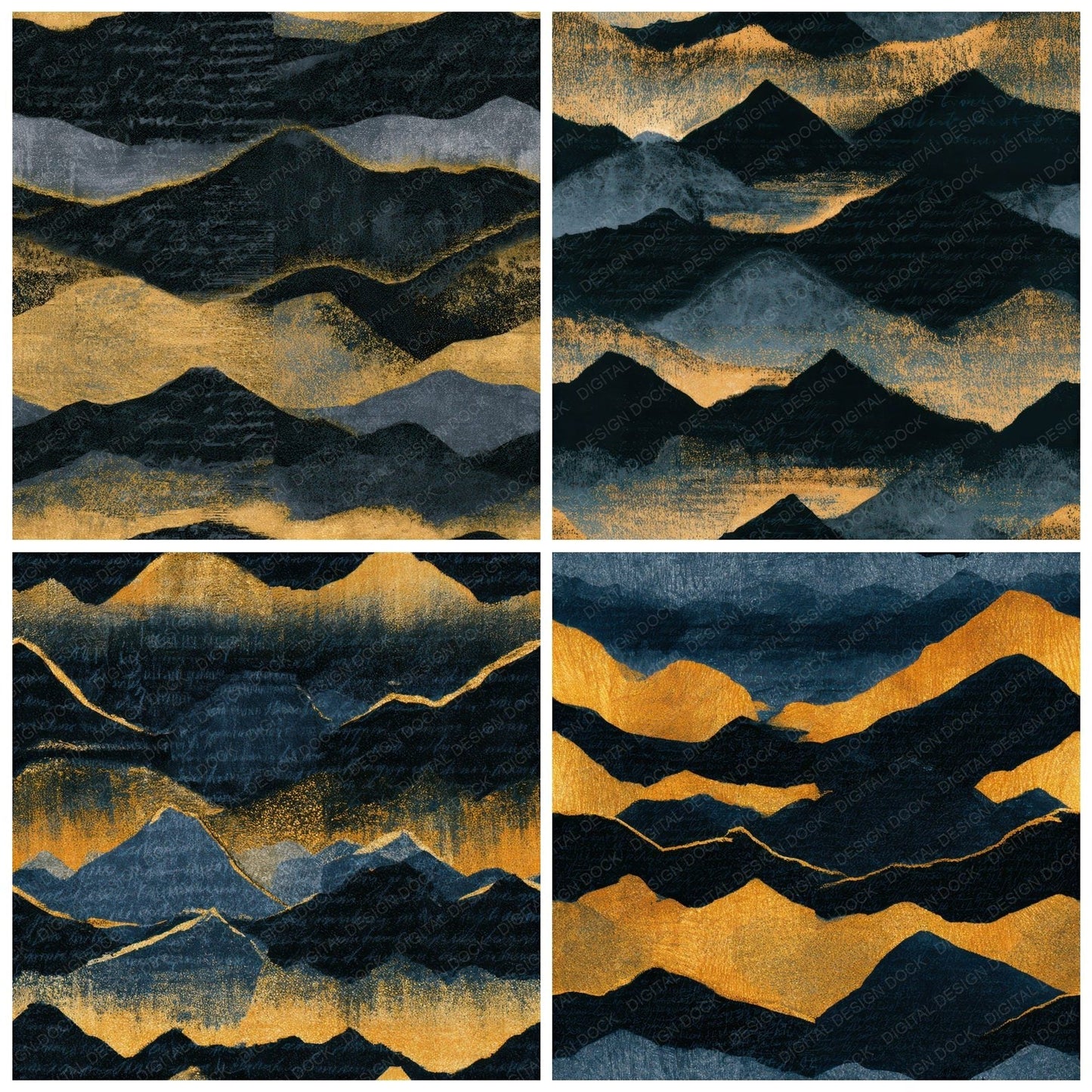 Risograph Mountain Silhouettes Charcoal Gold Seamless Digital Paper Pack (DDD012641)