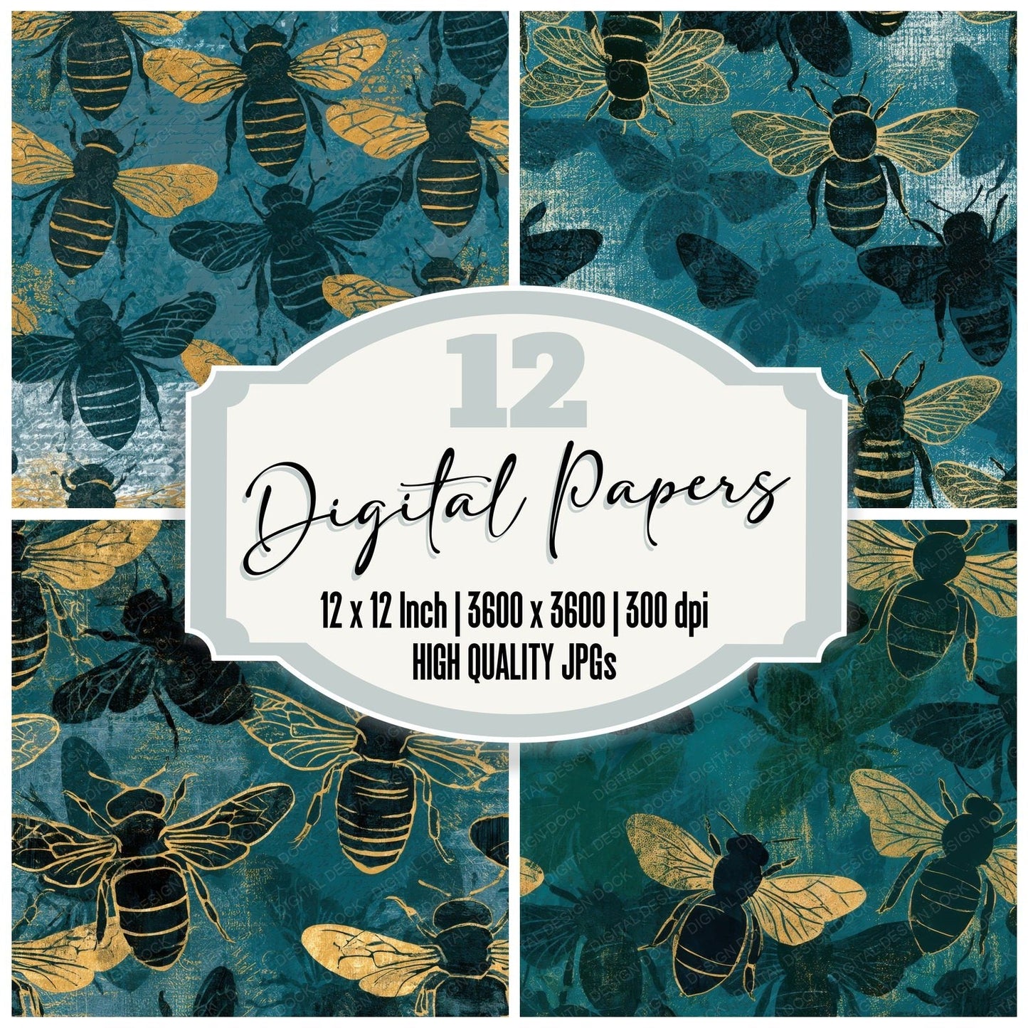 Woodblock Honey Bee Teal Brass Digital Paper Pack (DDD012644)