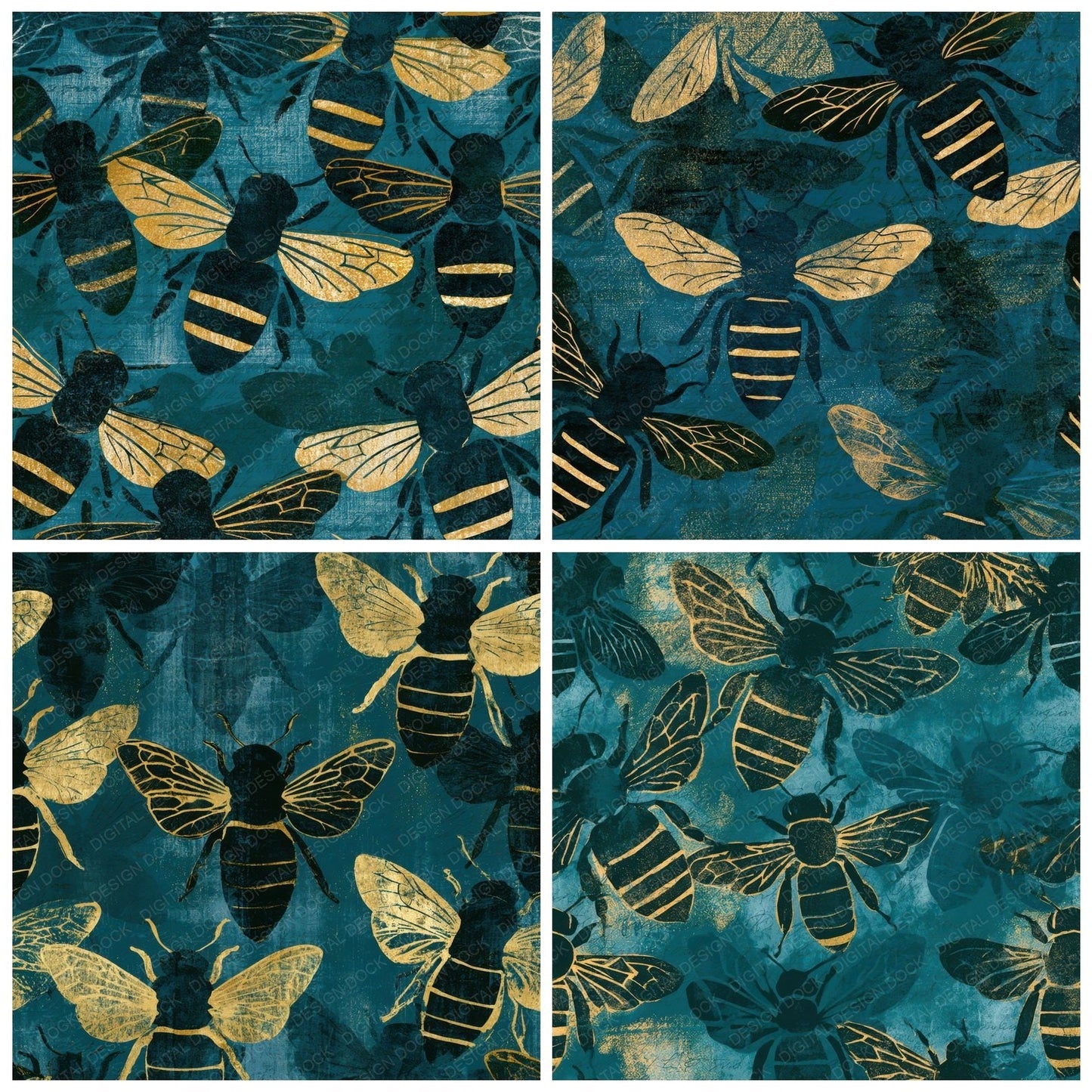 Woodblock Honey Bee Teal Brass Digital Paper Pack (DDD012644)