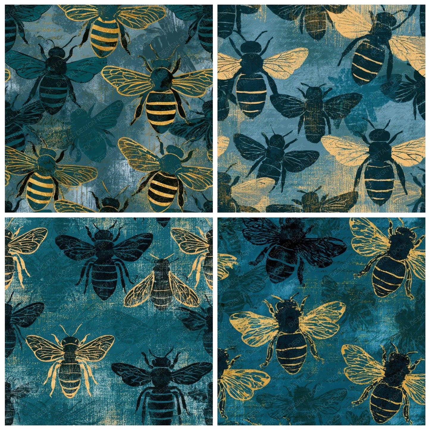 Woodblock Honey Bee Teal Brass Digital Paper Pack (DDD012644)