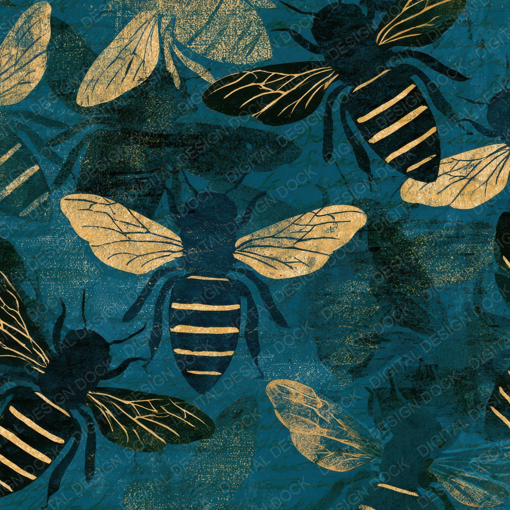 Woodblock Honey Bee Teal Brass Digital Paper Pack (DDD012644)