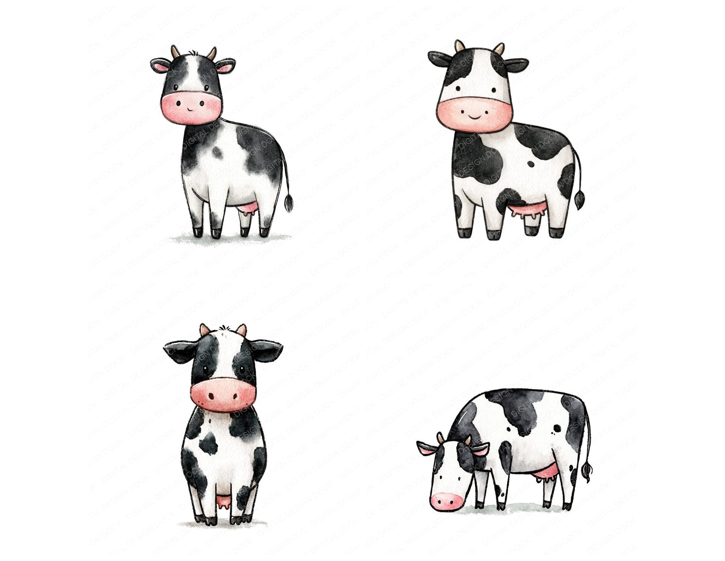 Cute Watercolour Dairy Cow Clipart Set (DDD012646)