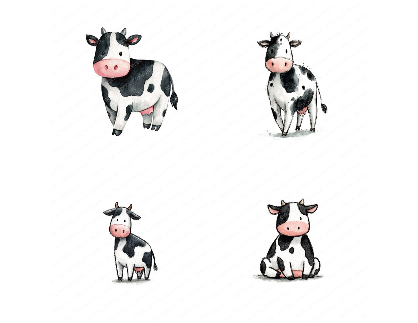 Cute Watercolour Dairy Cow Clipart Set (DDD012646)